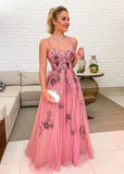 LTP1347,Pink Embroidery A Line Spaghetti Straps Tulle Long Floral Appliques Prom HZ0307