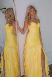 Ruched Yellow Ruffle Fitted Long Prom Dress with HZ0307