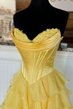 Yellow Corset A-line Ruffle Long Formal HZ0307