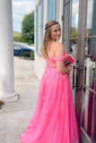 Off the Shoulder Hot Pink Appliques A-line Long HZ0307