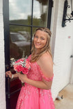 Off the Shoulder Hot Pink Appliques A-line Long HZ0307