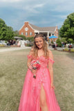 Off the Shoulder Hot Pink Appliques A-line Long HZ0307