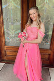 Off the Shoulder Hot Pink Appliques A-line Long HZ0307