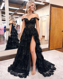 Off The Shoulder Sequin Lace Split Long Prom Evening HZ0307