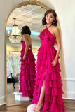 Halter Fuchsia Ruffle A-line Long Formal HZ0307
