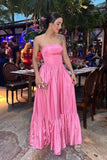 Strapless Pink A-line Taffeta Long Formal HZ0307