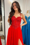 Straps Red Lace and Chiffon Long Prom HZ0307
