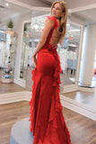 Green Satin and Chiffon Ruffle Fitted Long Formal HZ0307