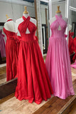 Halter Pink Taffeta A-line Long Formal HZ0307