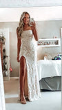 LTP1348,Simple white prom dress, modest slit evening dresses, lace wedding HZ0307