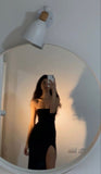 Spaghetti Straps Black Split Long Prom Evening HZ0307