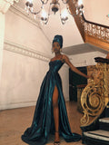 Dark Green Satin Prom Dress - Spaghetti Strap A-Line Evening HZ0307