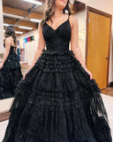 Discount Spaghetti Straps Tulle Preppy Prom Dress, Black Prom Dress HZ0307