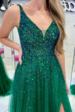 Emerald Green Beaded Tulle A-line Long Formal HZ0307