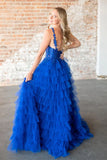 V-Neck Ruffles Sleeveless Tulle Long Formal Prom HZ0307