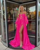 Blue A-Line Chiffon Pleated Split Long Party Prom HZ0307