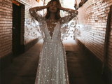 Two Pieces White Starry V-Neck Long Prom Dresses, Evening Party Dress HZ0307