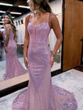 Spaghetti Straps Mermaid Sequins Long Evening Prom HZ0307