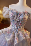 Off the ShoulderPurple Floral Embroidery A-line Prom HZ0307