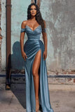 Off Shoulder Beaded Prom Dress - Long Satin Evening HZ0307