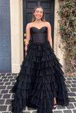 Sleeveless Black Ruffles A-Line Formal Prom HZ0307