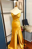 Straps Cowl Neck Yellow Soft Satin Long Party HZ0307