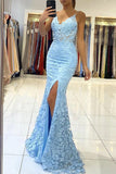 Sky Blue Applique Mermaid Long Prom HZ0307