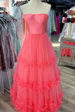 LTP1385,A Line Tulle Prom Dresses Strapless Evening HZ0307