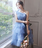 LTP1766,Dream Blue One Shoulder Homecoming Dress, Sparkle Starry Tulle Prom Hoco HZ0307