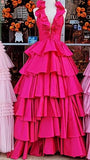Fuchsia Halter Deep V-neck Prom HZ0307