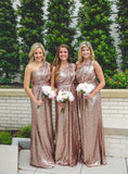 One Shoulder Rose Gold Sequins Long Bridesmaid HZ0307