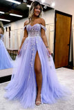 Lilac Long Prom Dress with Slit A-Line Off the Shoulder Formal Party HZ0307