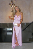 Spaghetti Straps Pink Fril Long Party HZ0307