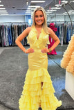 V Neck Yellow Ruffle Mermaid Long Prom HZ0307