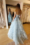 Off the Shoulder Light Blue Lace and Tulle Tiered Prom HZ0307