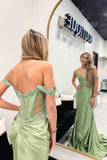 Off the Shoulder Sage Green Appliques Satin Mermaid Prom HZ0307