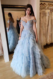 Off the Shoulder Light Blue Lace and Tulle Tiered Prom HZ0307