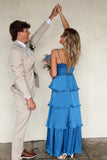 Spaghetti Straps Blue Soft Satin Layered Long Formal HZ0307