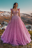 LTP1848,Princess Pink Beaded A-Line Tulle Long Prom Evening HZ0307
