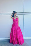 Straps Fuchsia Sheer Corset A-line Long Formal HZ0307