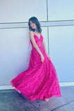 Straps Fuchsia Sheer Corset A-line Long Formal HZ0307