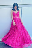 Straps Fuchsia Sheer Corset A-line Long Formal HZ0307