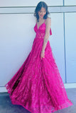 Straps Fuchsia Sheer Corset A-line Long Formal HZ0307