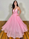 LTP1700, Sparkle Pink A-Line Prom Dresses, Spaghetti Straps V-Neck Evening Formal HZ0307