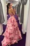 Floral Pink Sweetheart Ruffle A-line Prom Dress with HZ0307