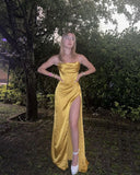Spaghetti Straps Gold Satin Long Prom Dresses Sheath Party HZ0307