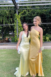 One Shoulder Yellow Soft Satin Fitted Party HZ0307