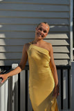 One Shoulder Yellow Soft Satin Fitted Party HZ0307