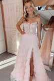 Straps Pink Appliques and Tulle Ruffles Prom HZ0307