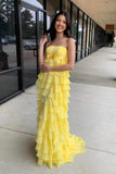 Strapless Yellow Chiffon Tiered Ruffles Long Party HZ0307